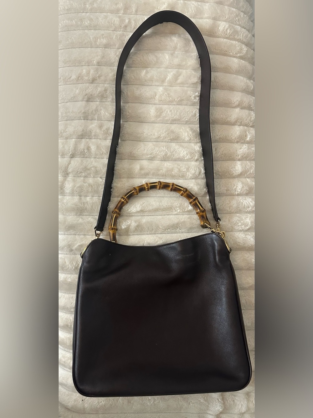 Classic Brown Leather Shoulder Bag with Bamboo Handle